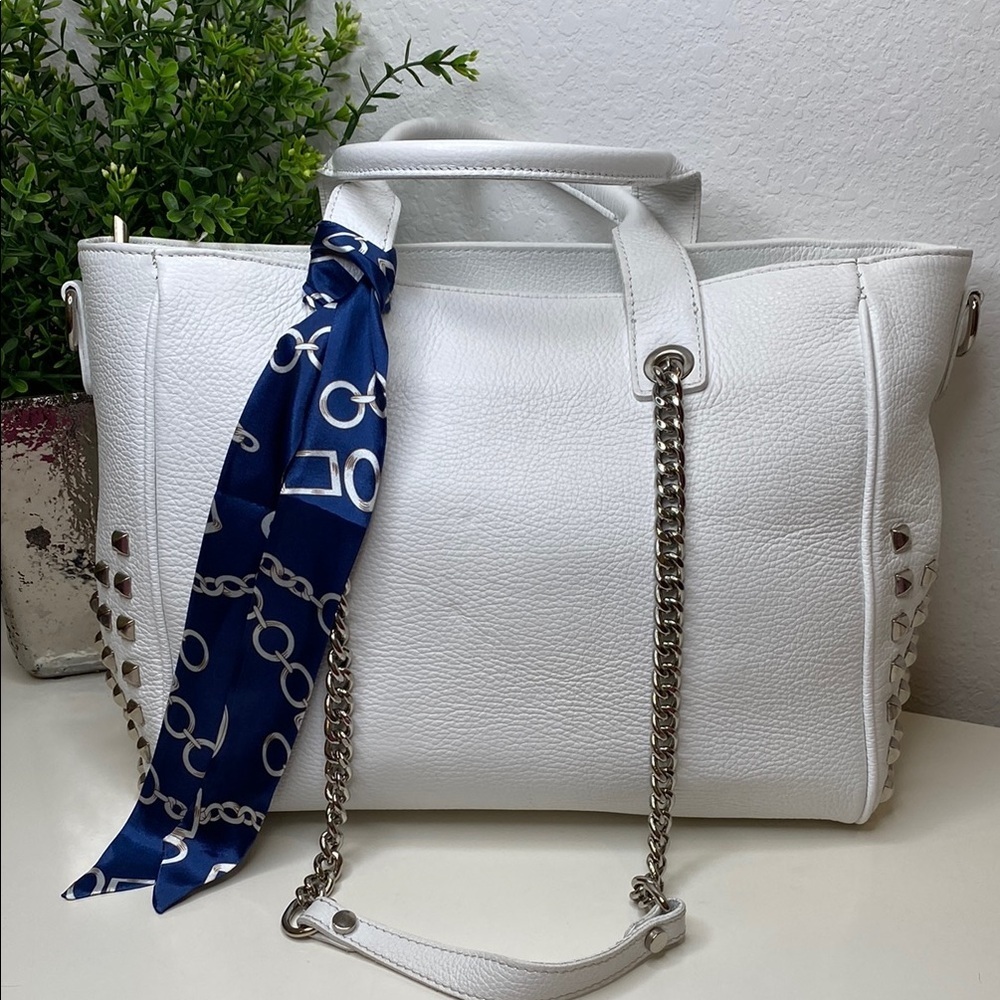 Viola Castellani White Leather Satchel Shoulder Bag with‎ Stud and Chain Detail